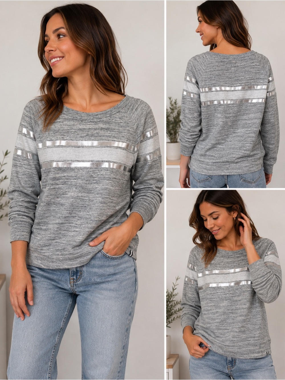 GAP Gray Metallic-Trim Long Sleeve Sweatshirt